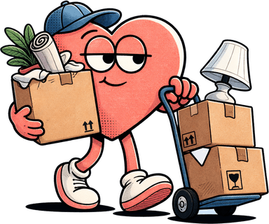 爱 mascot — moving house with boxes